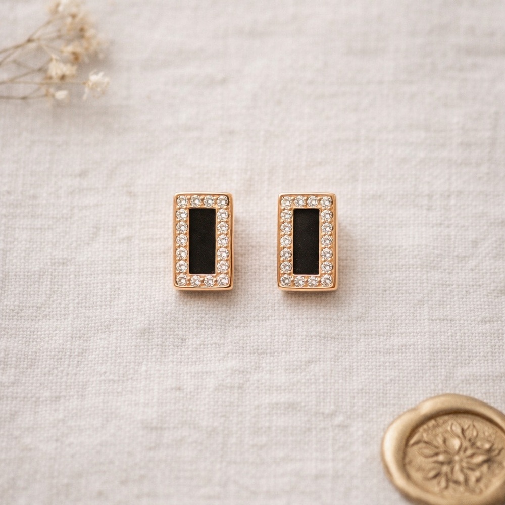 Kate Spade New York Black Enamel Rectangle Pavé Crystal Rose Gold Earrings NWT